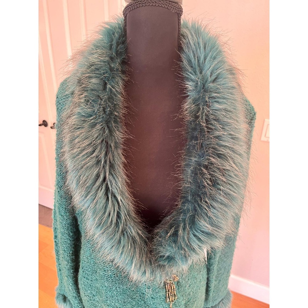 Vintage Teal Faux Fur Collar Jacket Turquoise Stone Tassel Sz S Carly St Claire - Picture 5 of 15